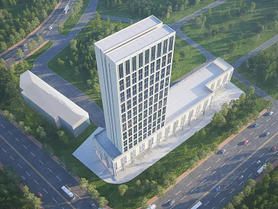 Aerial View Of Modern High Rise Building Planning With Surrounding Roads Trees And Green Spaces 3d model