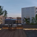 Serene Urban Rooftop Garden with Wooden Deck Leisure Seating and Lush Green Plants
