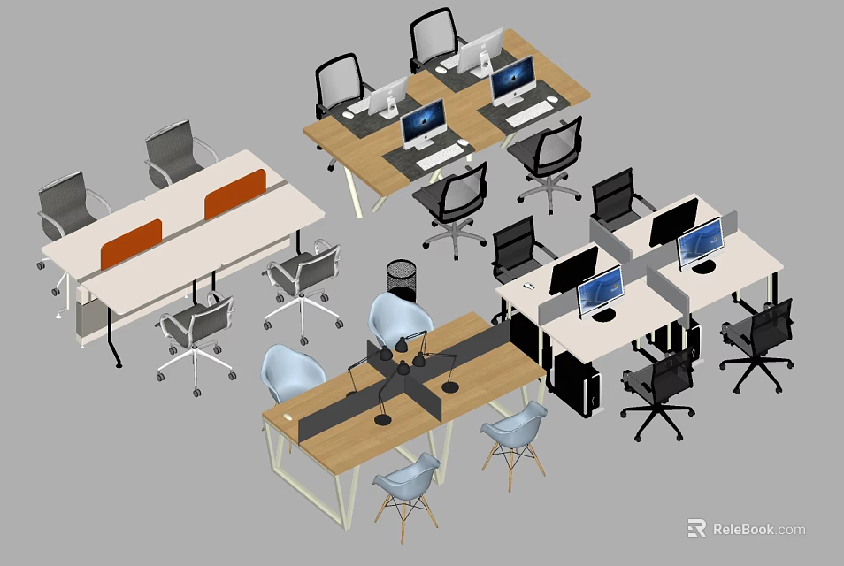 Modern Office Workspace Featuring Multiple Wooden Desks Computers And Ergonomic Chairs 3d model