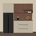 Modern Light And Wooden Sideboard With Refrigerator Coffee Machine Plate And Bottles