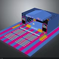 Colorful Stage Setup With Blue Canopy Pink Blue Striped Floor And Audience Seating