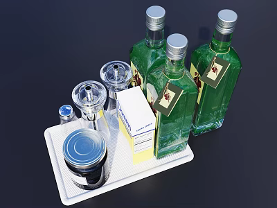 Elegant Green Wine Bottles and Wine Glasses on White Tray with Metal Canister and Box 3d model