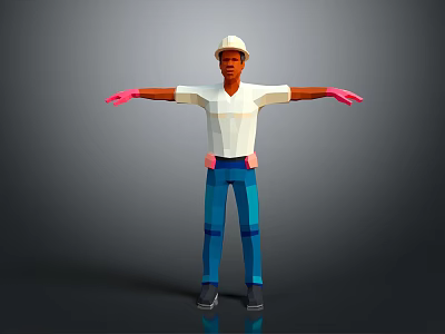 Construction Worker Character With White Hard Hat Pink Gloves And Outstretched Arms 3d model