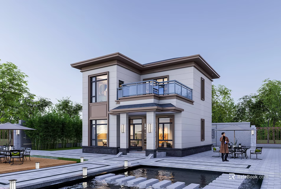 Two Story Modern Detached Villa With Balcony Courtyard Water Feature Outdoor Seating And Lush Trees 3d model 