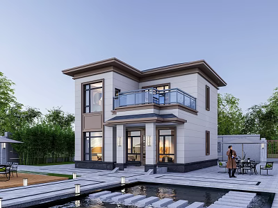 Two Story Modern Detached Villa With Balcony Courtyard Water Feature Outdoor Seating And Lush Trees 3d model
