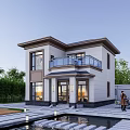 Two Story Modern Detached Villa With Balcony Courtyard Water Feature Outdoor Seating And Lush Trees