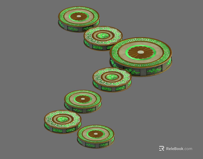 Ground Adorned with Circular Green and Brown Patterned Decorative Elements in Intricate Arrangement 3d model 