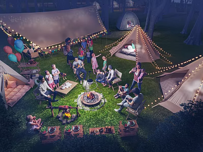Garden Landscape With Outdoor Camping Gathering Tents String Lights Fire Pit And Balloons On Grass 3d model