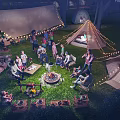 Garden Landscape With Outdoor Camping Gathering Tents String Lights Fire Pit And Balloons On Grass
