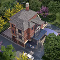 Traditional Detached Villa With Brick Exterior Gabled Roof Chimney Green Lawn And Surrounding Trees