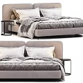 Double Bed with Beige Upholstered Headboard White Pillows Gray Blanket and Black Nightstand