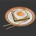 Delicious Fried Egg on Toast Served on Red and White Patterned Plate with Chopsticks