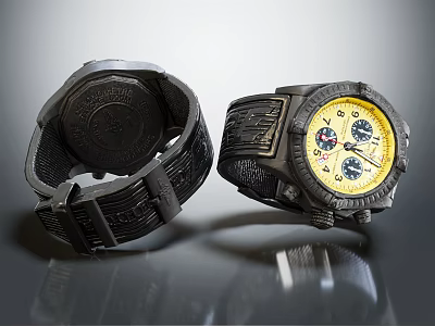 Black Strap Watch Featuring Yellow Dial And Textured Design Front Back View 3d model