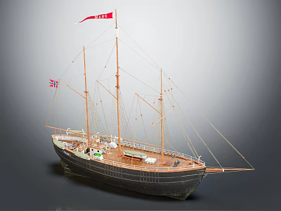 Classic Wooden Ship With Tall Masts Red White Flags And Dark Hull Design 3d model