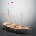 Classic Wooden Ship With Tall Masts Red White Flags And Dark Hull Design