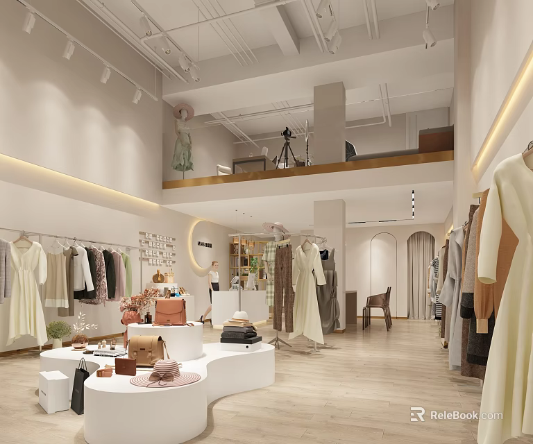 Stylish Clothing Store Interior with Clothing Racks Display Tables and Fashion Apparel Collection 3d model 