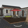 Traditional Garden Landscape With Wooden Deck Stone Flooring Outdoor Furniture Red Umbrella And Green Plants