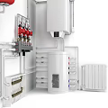 Red Black Heating Equipment With Red Expansion Tank Pipes Valves White Storage Tank And Radiator