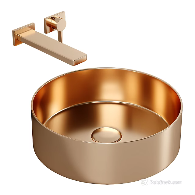Modern Polished Gold Round Wash Basin With Wall Mounted Faucet Design 3d model 