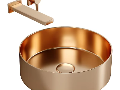 Modern Polished Gold Round Wash Basin With Wall Mounted Faucet Design 3d model