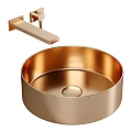 Modern Polished Gold Round Wash Basin With Wall Mounted Faucet Design