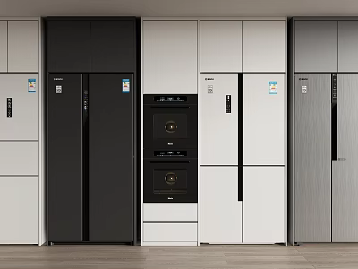 Modern Upright Refrigerators And Freezers In Black White Silver Kitchen Design 3d model