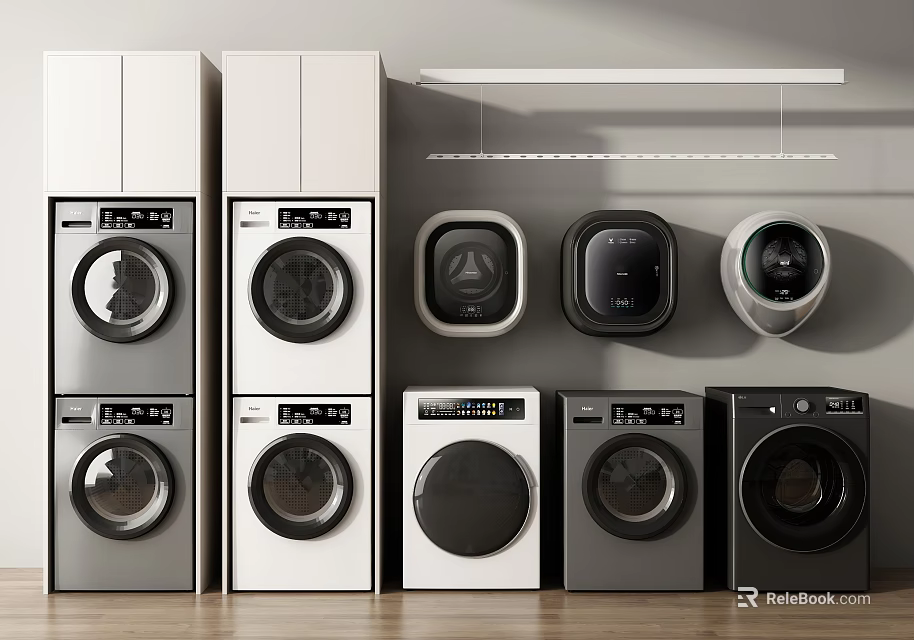 Various Modern Washing Machine Models In White Black With Front Loading Stacked Wall Mounted Design 3d model 