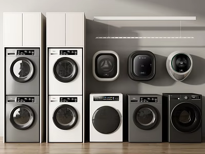 Various Modern Washing Machine Models In White Black With Front Loading Stacked Wall Mounted Design 3d model