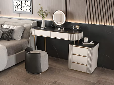 Modern Elegant Vanity Table With Marble Top Golden Legs Round Mirror Stool In Bedroom 3d model