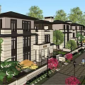 Modern Townhouses Exterior Design With Large Windows Green Plants People Walking And Blue Sky