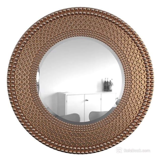 Round Decorative Mirror with Ornate Circular Pattern Frame Reflecting White Cabinet and Decorations on Wall 3d model 