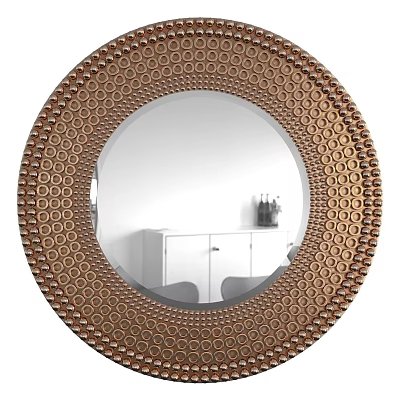Round Decorative Mirror with Ornate Circular Pattern Frame Reflecting White Cabinet and Decorations on Wall 3d model