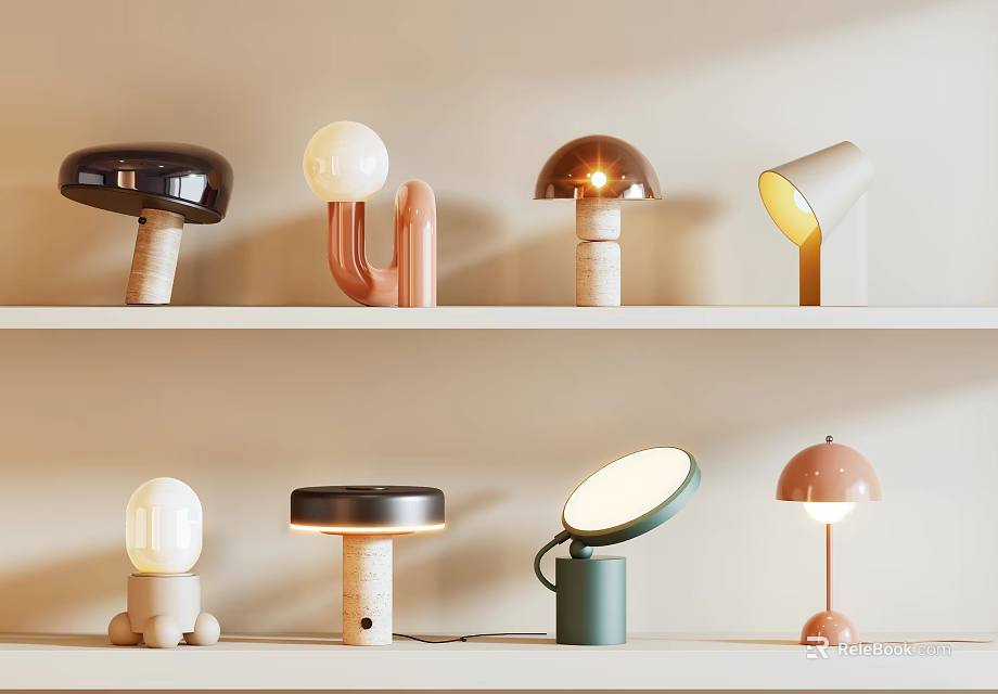 Unique Table Lamps With Various Shapes Colors And Modern Designs Displayed On Shelves 3d model 
