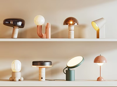 Unique Table Lamps With Various Shapes Colors And Modern Designs Displayed On Shelves 3d model