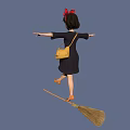 Little Girl Flying On Broomstick With Red Bow And Yellow Bag In Blue Sky