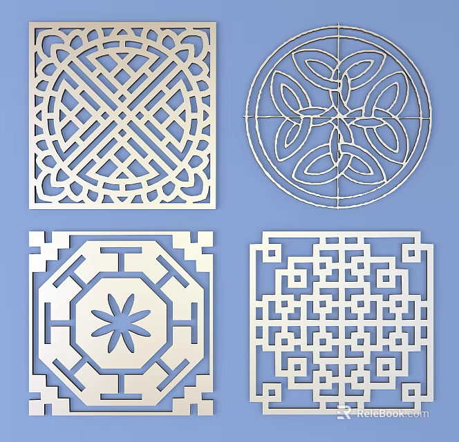 Decorative Intricate Lattice Windows with Various Geometric Floral Square and Circular Patterns 3d model 