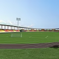 Sports Stadium With Running Track Green Football Field Digital Scoreboard And Floodlights