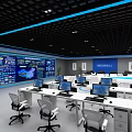 Public Office Area With Large Data Display Wall Round Table White Chairs And Green Plants