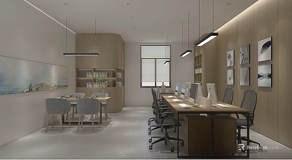 Modern Public Office Space With Long Desks Computers Ergonomic Chairs Bookshelves And Wall Art 3d model 
