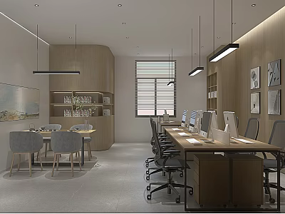 Modern Public Office Space With Long Desks Computers Ergonomic Chairs Bookshelves And Wall Art 3d model