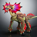 Standing Frilled Mythical Creature With Vibrant Red Pink Head Striped Body Sharp Claws 3d model