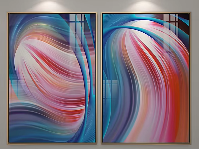 Two Framed Abstract Paintings With Colorful Blue Red Pink Swirls Curves 3d model
