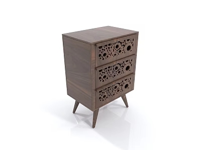 Dark Brown Wooden Bedside Table with Three Drawers Cutout Patterns and Slim Legs 3d model