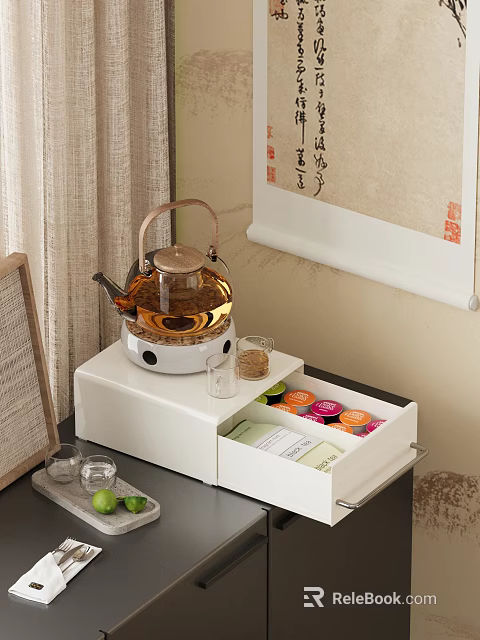 Elegant Decorative Ornament Set With Glass Teapot White Storage Box Small Cups And Tea Accessories 3d model 