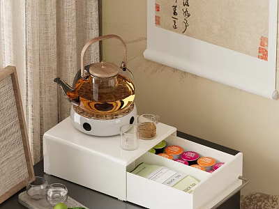 Elegant Decorative Ornament Set With Glass Teapot White Storage Box Small Cups And Tea Accessories 3d model