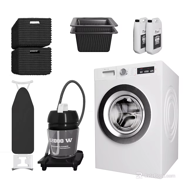 White Front Load Washing Machine with Laundry Basket Iron and Vacuum Cleaner 3d model 