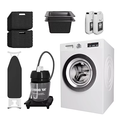 White Front Load Washing Machine with Laundry Basket Iron and Vacuum Cleaner 3d model