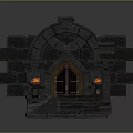 Cartoon Scene of Ancient Stone Entrance with Arched Door Burning Torches Stone Steps and Pillars