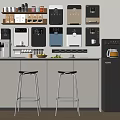 Daily Electrical Appliances Arranged on Kitchen Wall with Modern Counter and Stools