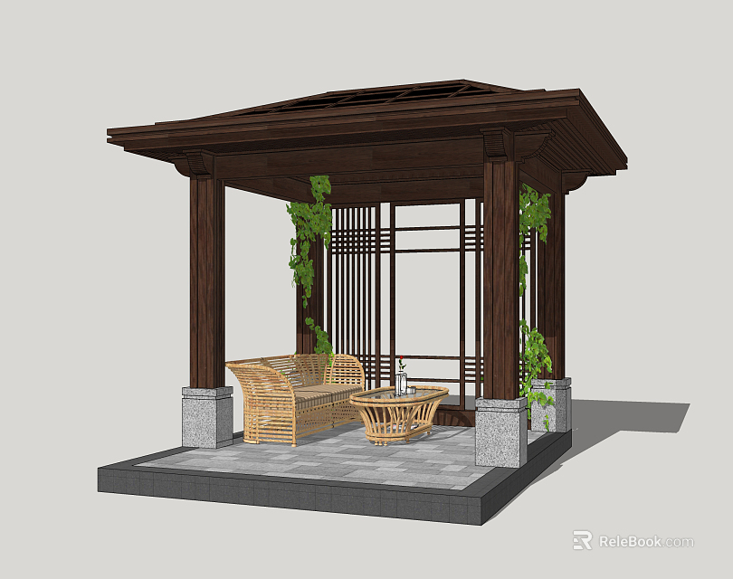 Traditional Chinese Wooden Gazebo With Green Vines Rattan Sofa And Stone Slab Floor 3d model 